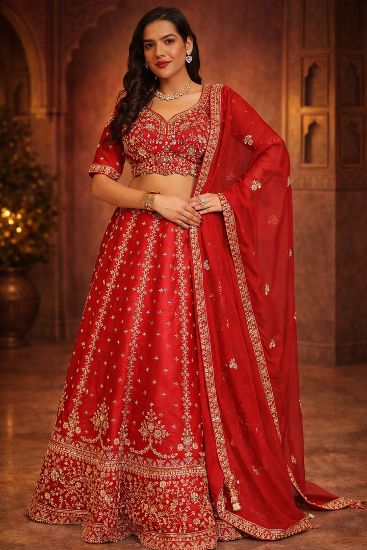Silk Lehenga with Cutdana, Sequins, Stone work