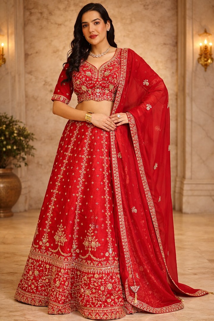 Silk Lehenga with Cutdana, Sequins, Stone work