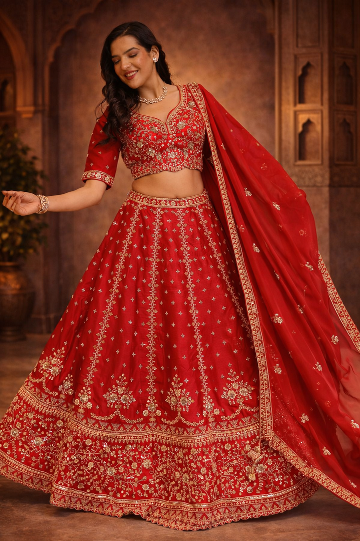 Silk Lehenga with Cutdana, Sequins, Stone work