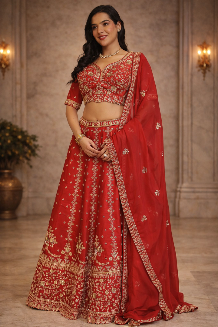 Silk Lehenga with Cutdana, Sequins, Stone work