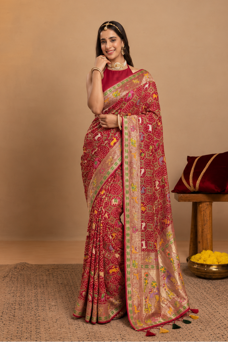 Crimson Red Khaddi Georgette Bandhej Saree