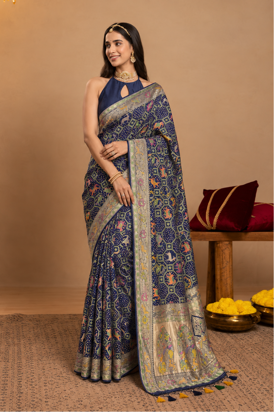 Royal Navy Blue Khaddi Georgette Bandhej Saree