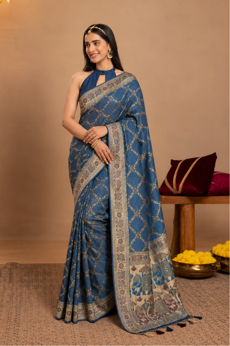 Steel Blue Khaddi Georgette Bandhej Saree