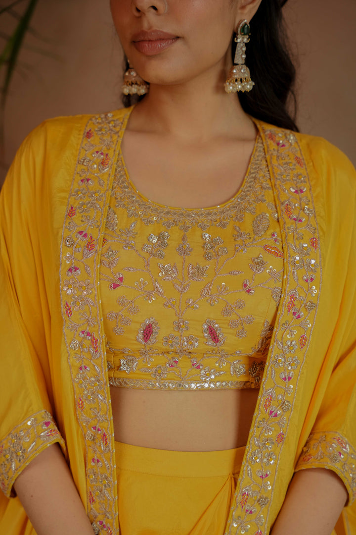 Contemporary Silk Indo-Western Set in Yellow with Gota Patti & Zardozi Detailing