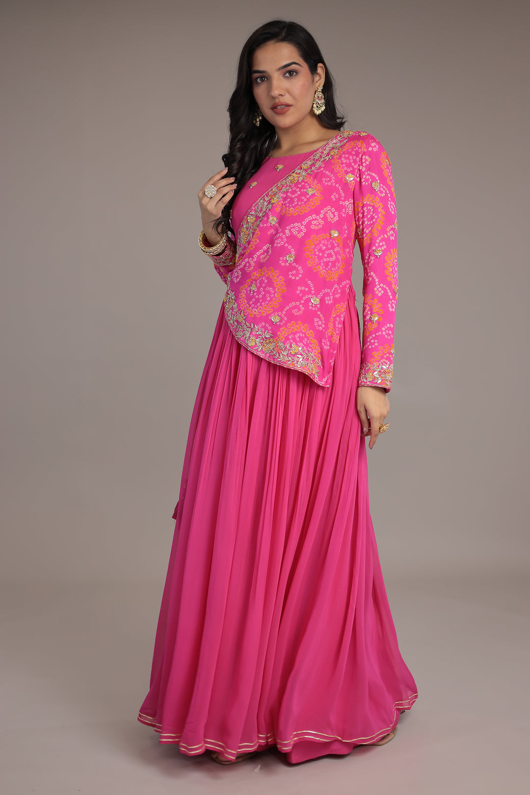 Bandhej Anarkali Indo Western Suit with Gota Patti , Thread and Dori work