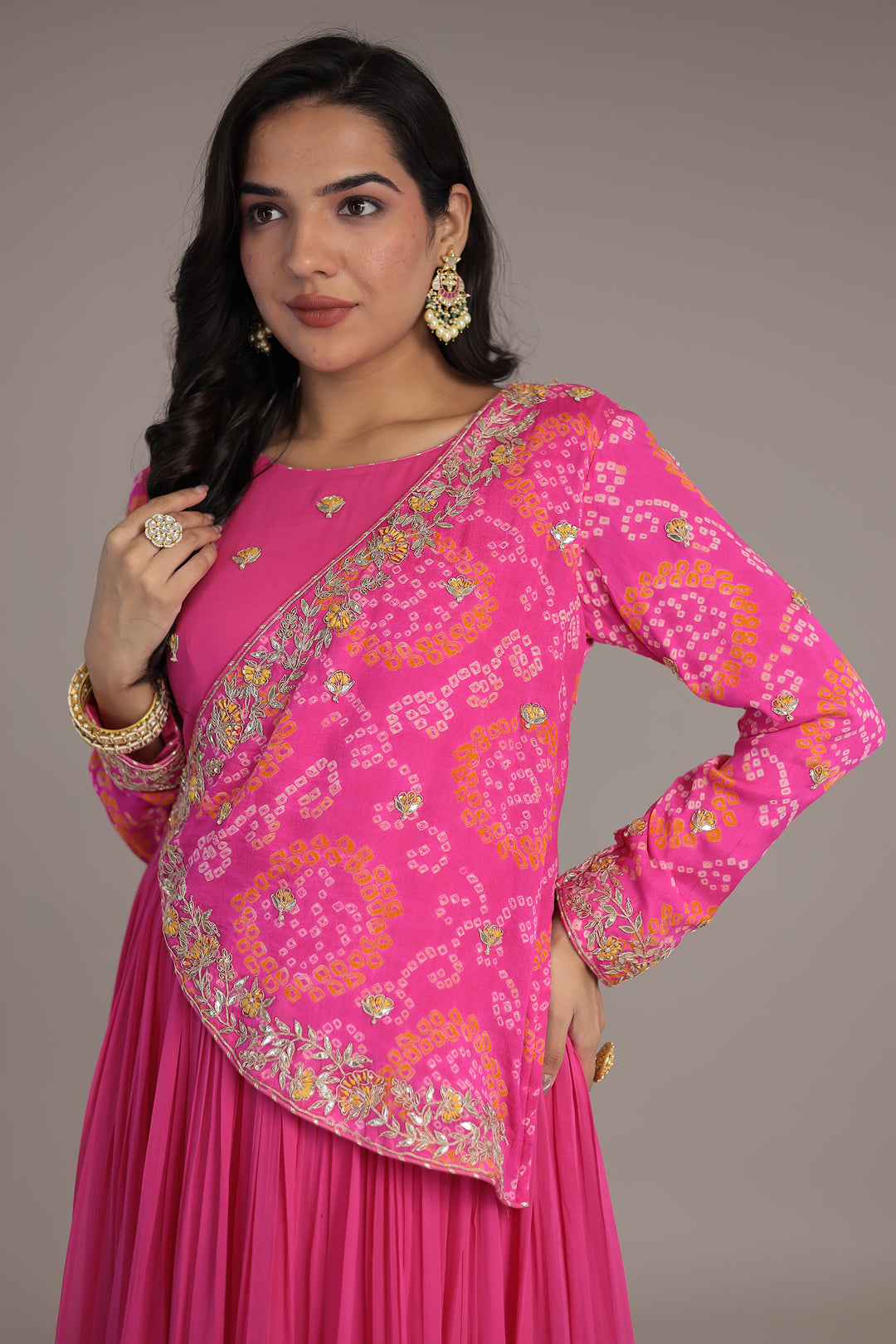 Bandhej Anarkali Indo Western Suit with Gota Patti , Thread and Dori work