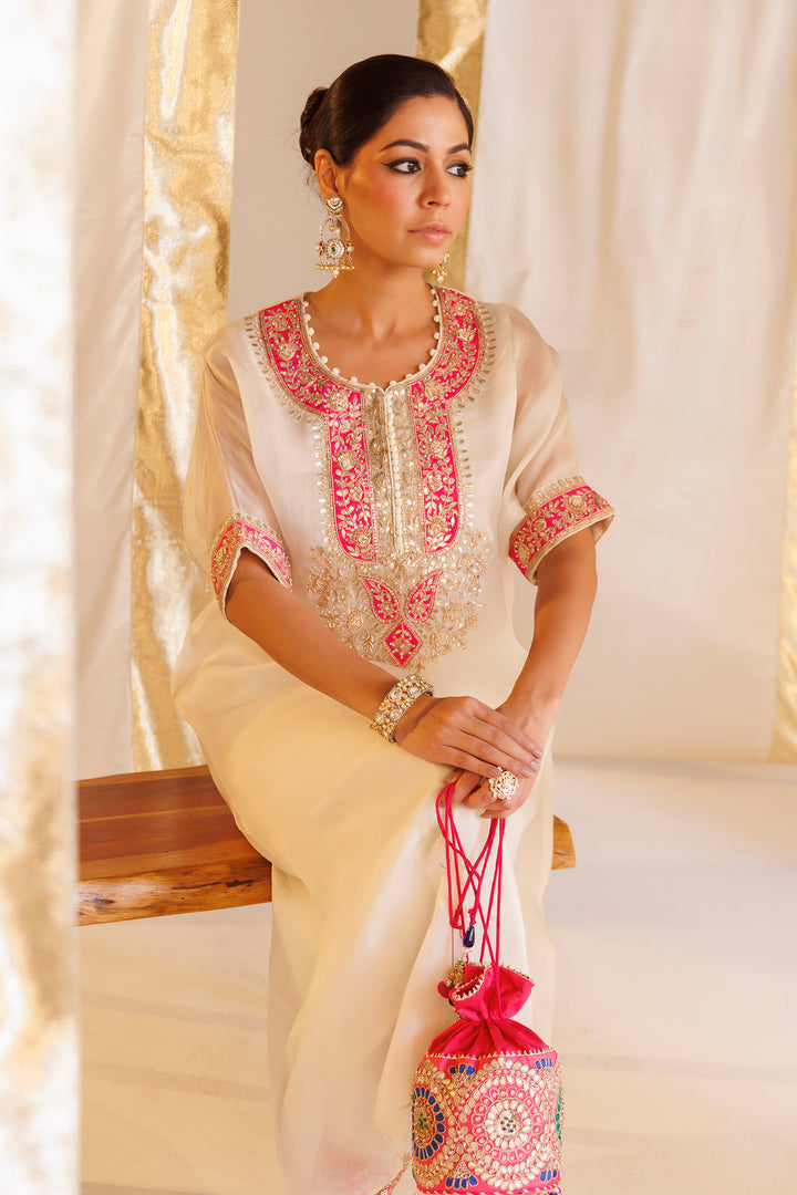 Pure Organza Kaftan Suit with Gota Patti, Pearl and Thread work