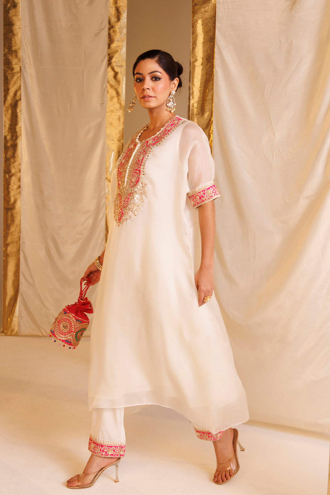 Pure Organza Kaftan Suit with Gota Patti, Pearl and Thread work