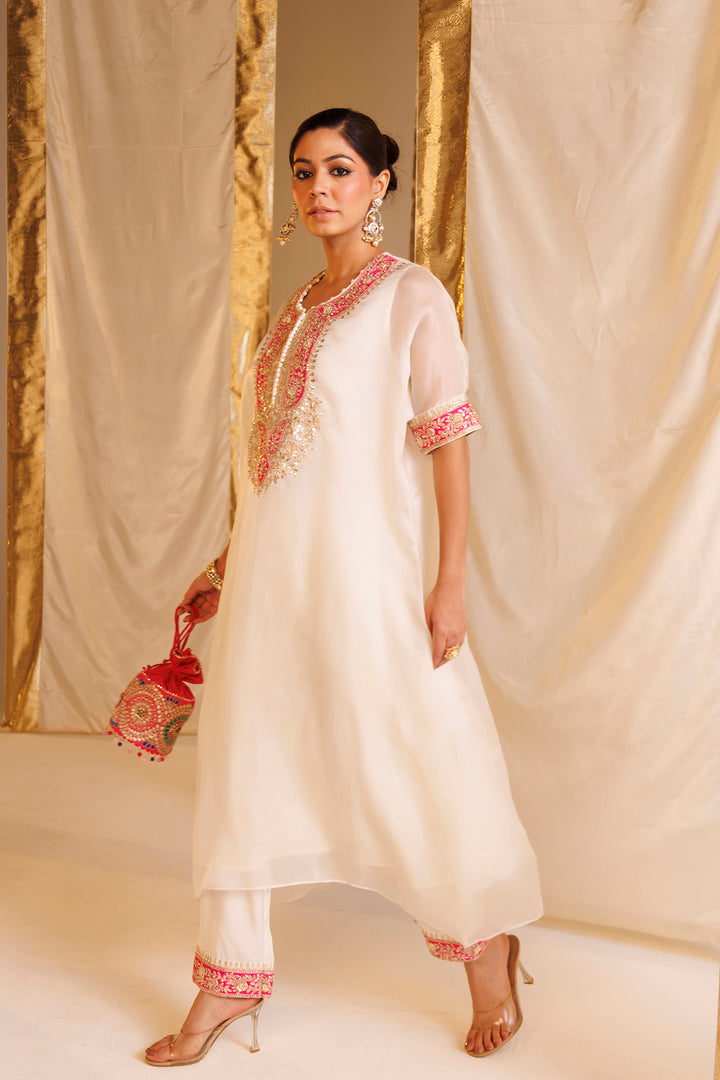 Pure Organza Kaftan Suit with Gota Patti, Pearl and Thread work