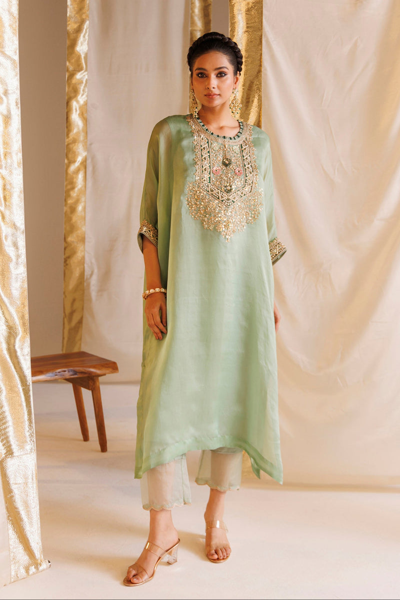Organza Kaftan Suit with Gota Patti, Pearl and Zardozi work