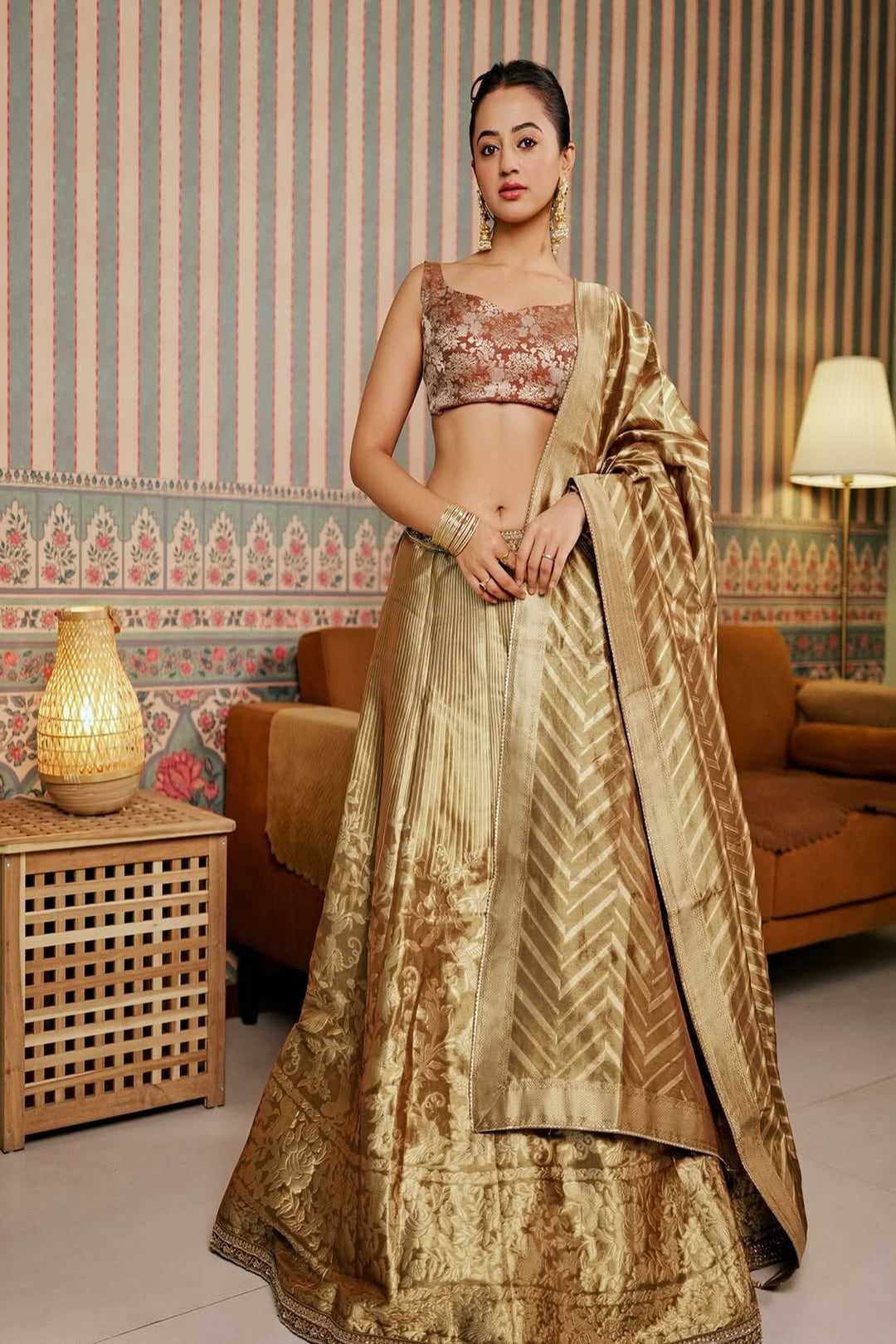 Handloom Tissue Lehenga with Aari and Cutdana work