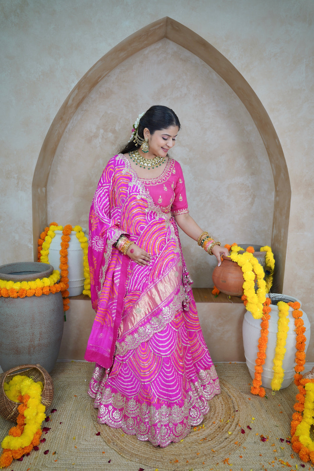 Gajji Silk Bandhej Lehenga with Gota Patti Embroidered work