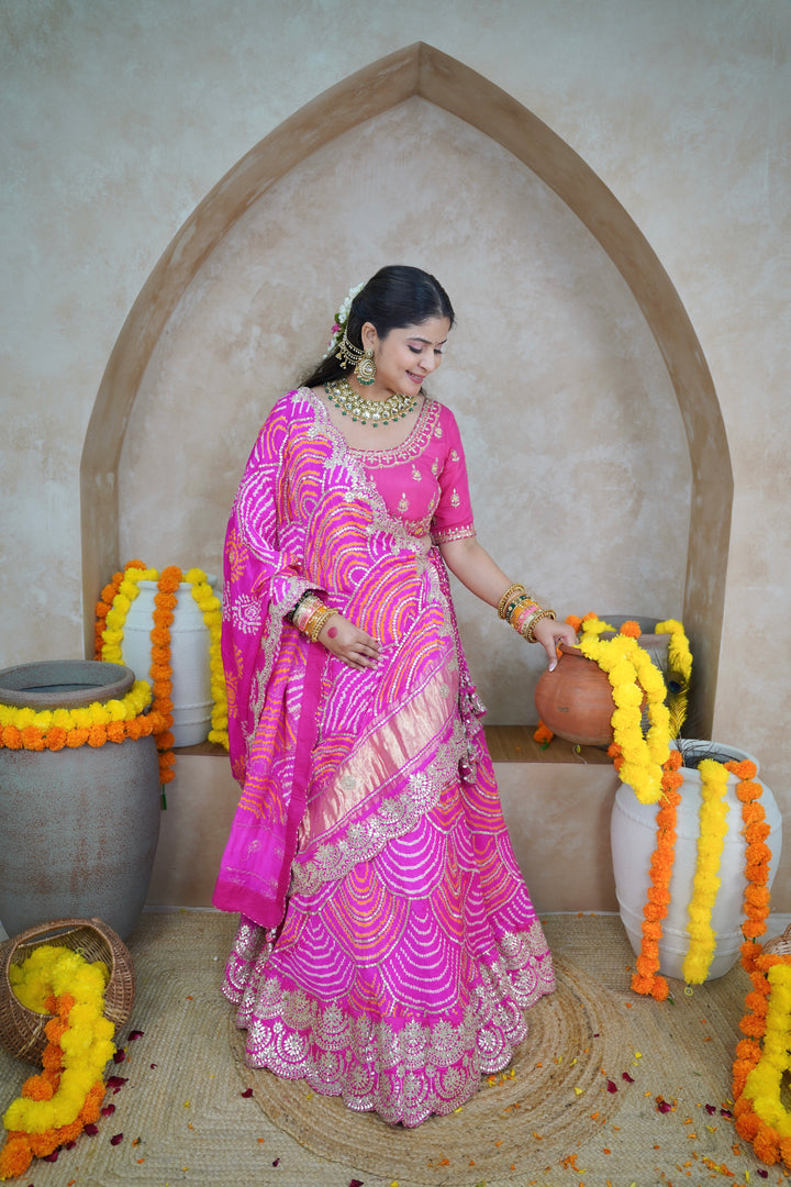 Gajji Silk Bandhej Lehenga with Gota Patti Embroidered work