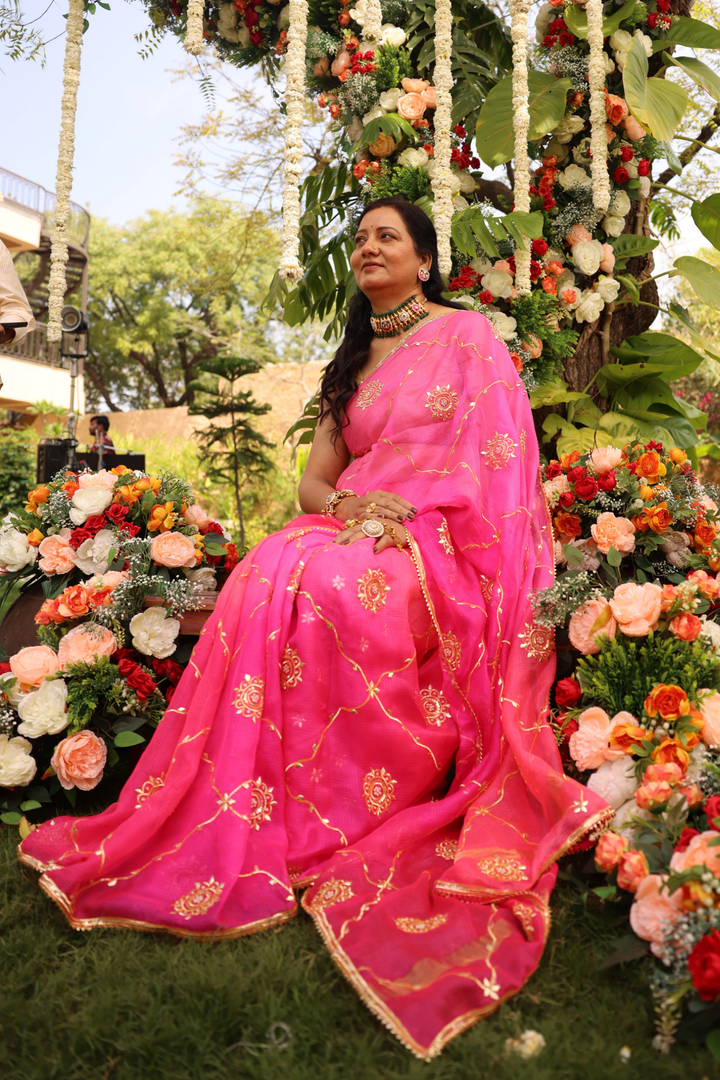 Silk Saree with Aari, Gota, Gota Patti work.