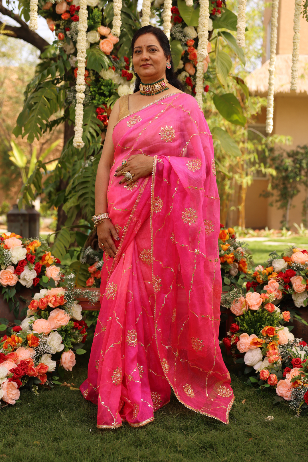 Silk Saree with Aari, Gota, Gota Patti work.