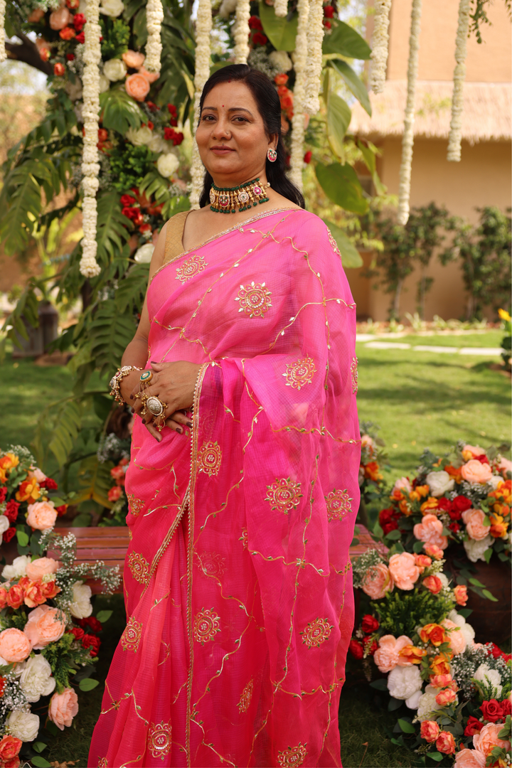 Silk Saree with Aari, Gota, Gota Patti work.