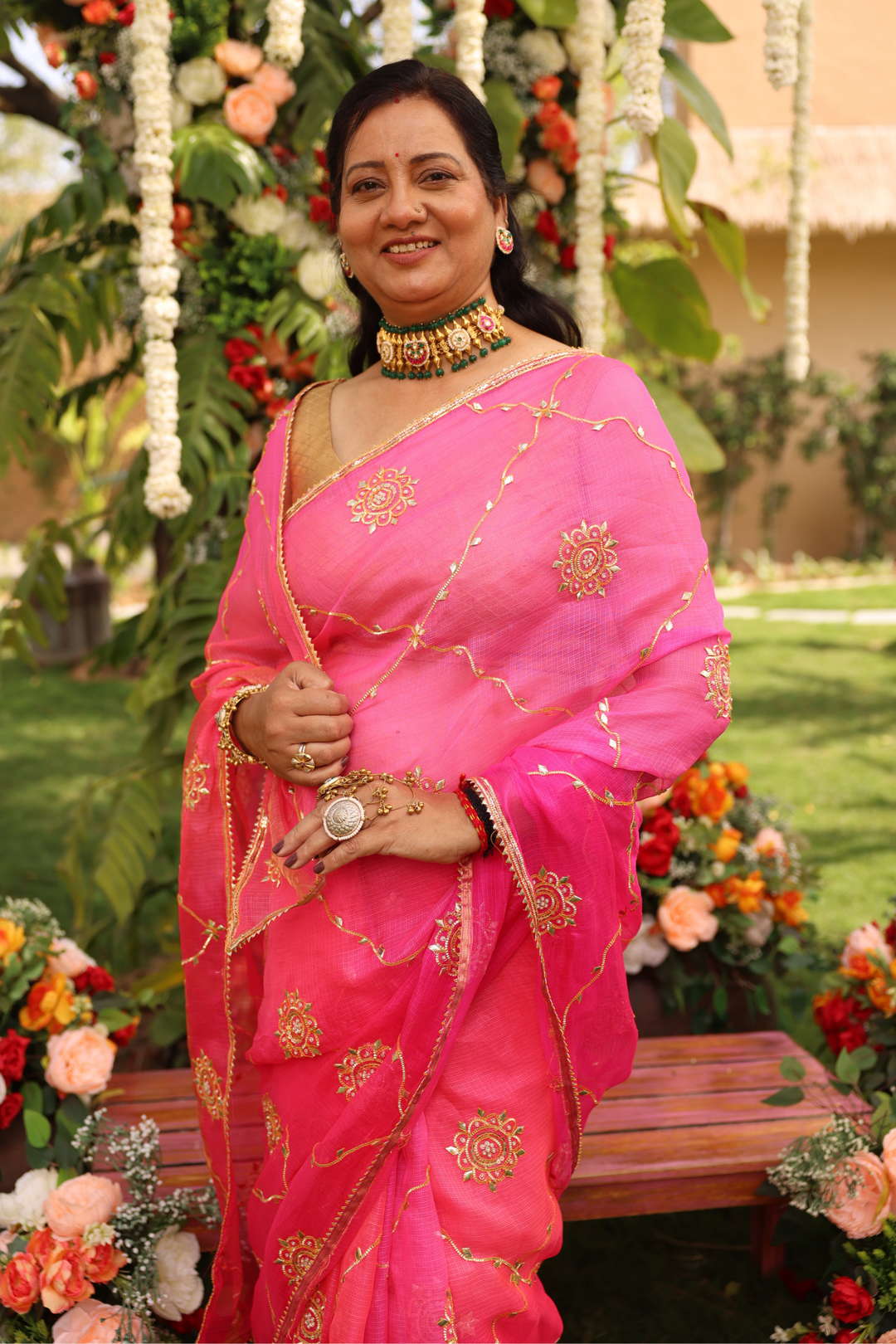 Silk Saree with Aari, Gota, Gota Patti work.