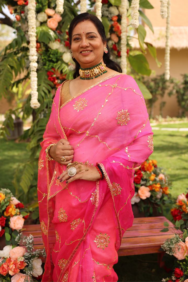 Silk Saree with Aari, Gota, Gota Patti work.