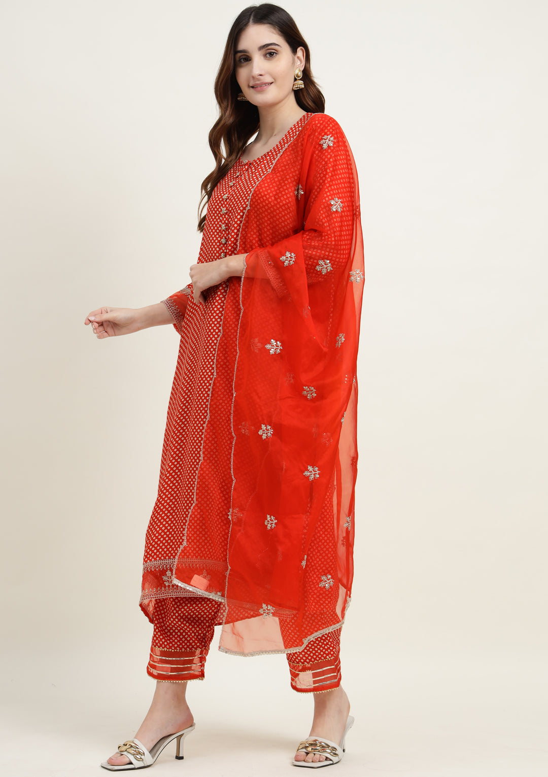 Bandhej Silk Blend Kurta Set Stitched with Dori and Sequins work