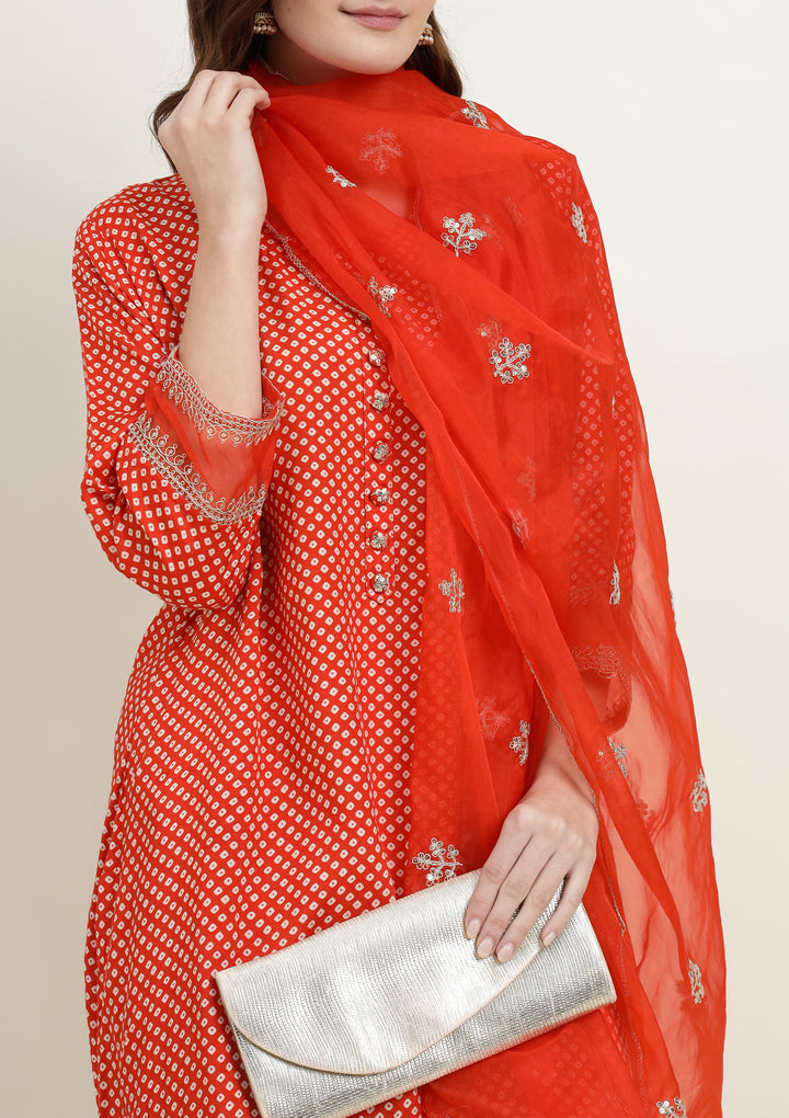 Bandhej Silk Blend Kurta Set Stitched with Dori and Sequins work