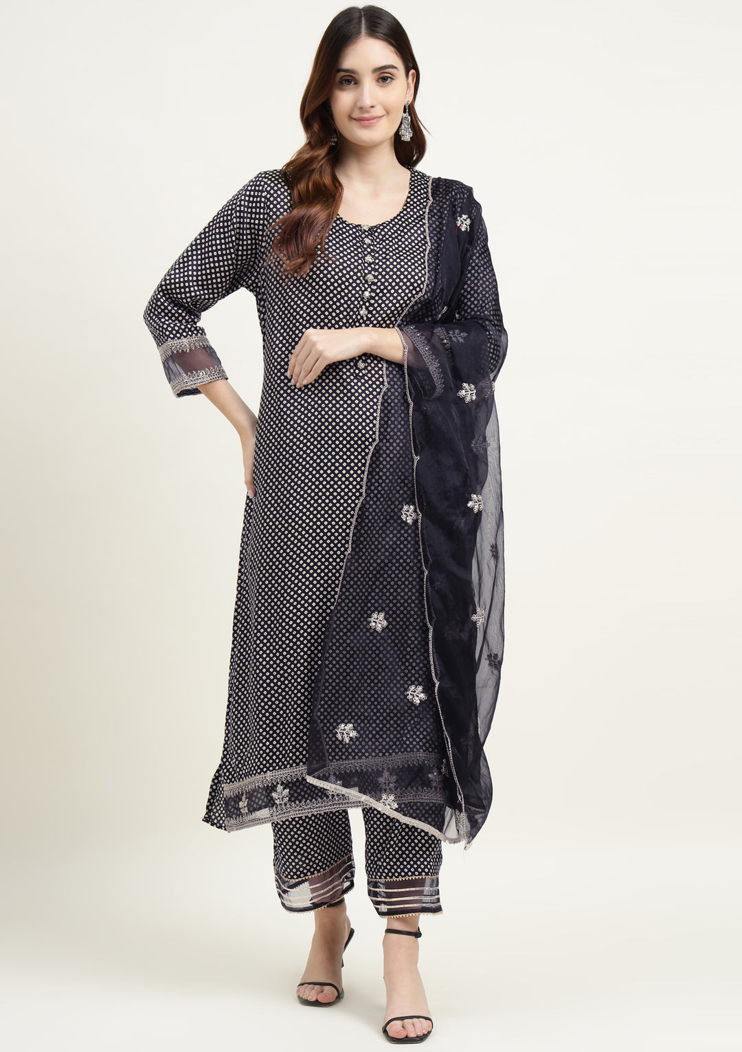 Bandhej Silk Blend Kurta Set Stitched with Dori and Sequins work