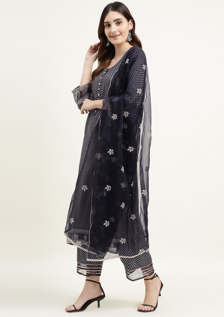 Bandhej Silk Blend Kurta Set Stitched with Dori and Sequins work