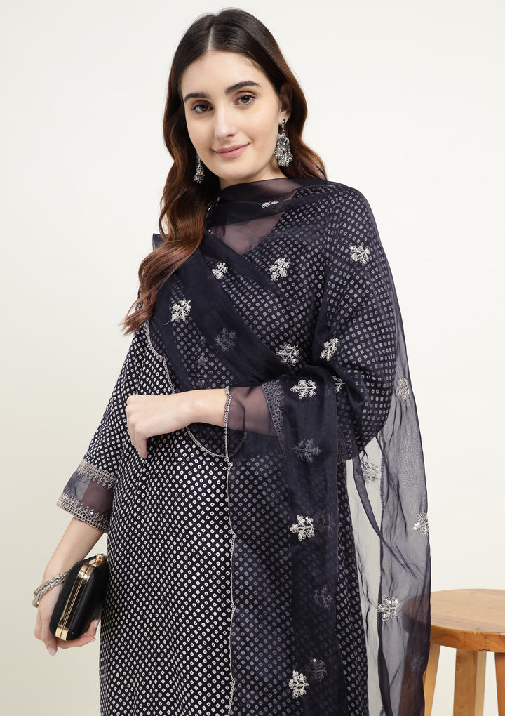 Bandhej Silk Blend Kurta Set Stitched with Dori and Sequins work