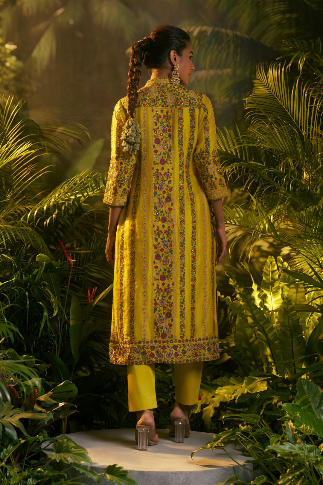 Printed Silk Suit with Aari, Sequins, Thread, Zari work.