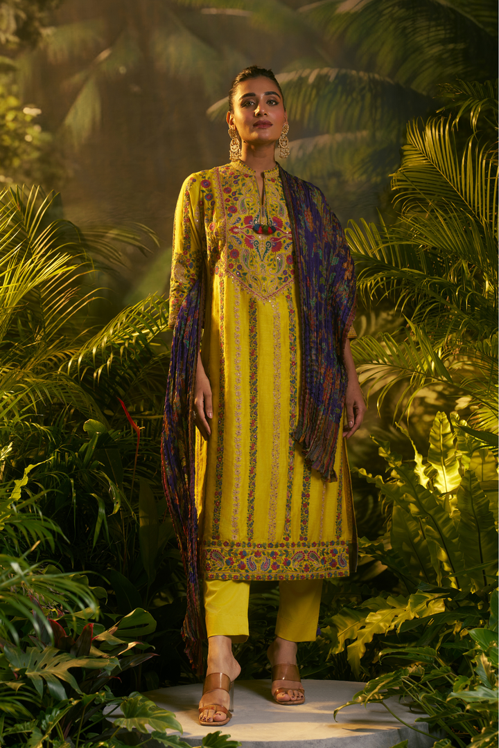 Printed Silk Suit with Aari, Sequins, Thread, Zari work.