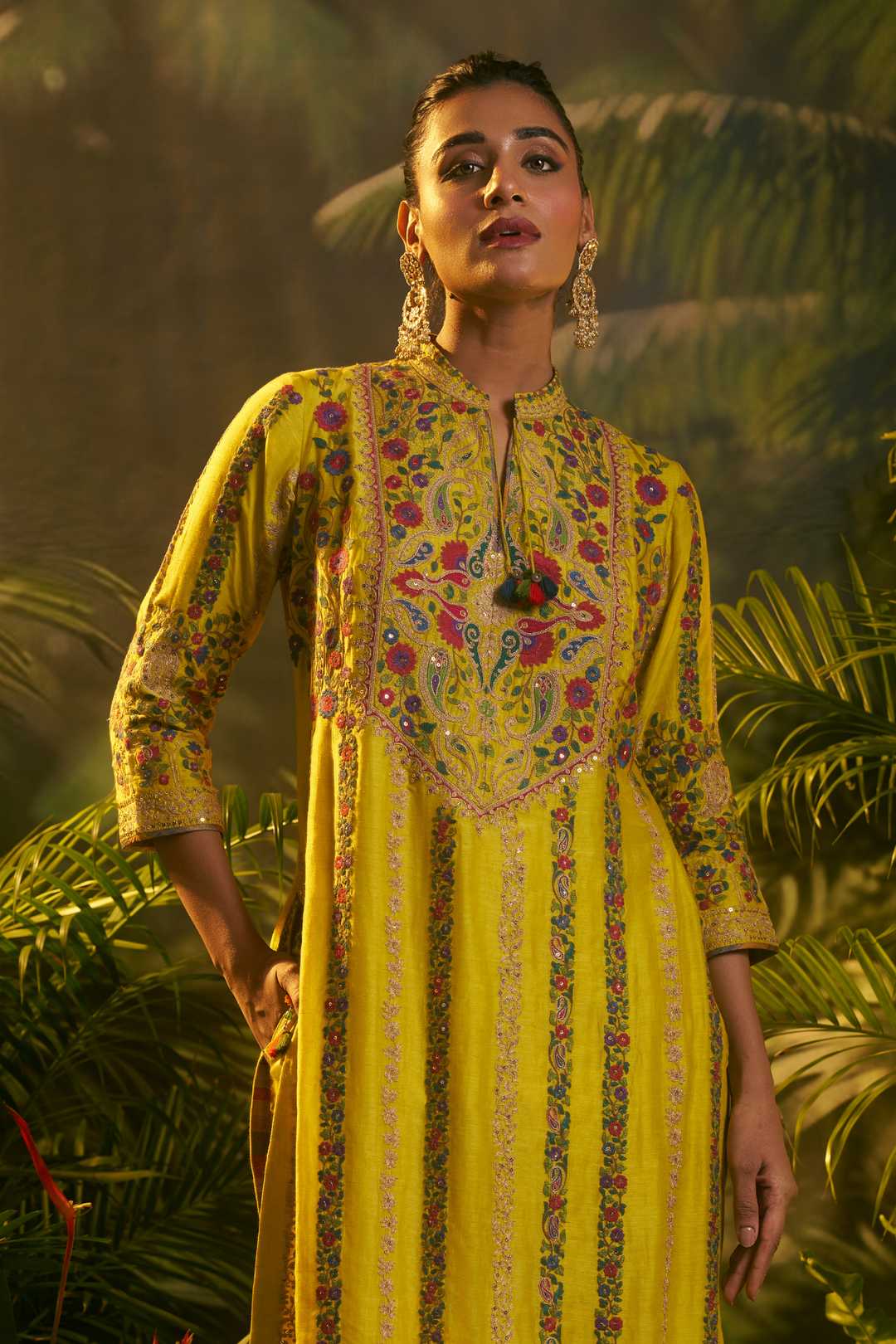 Printed Silk Suit with Aari, Sequins, Thread, Zari work.