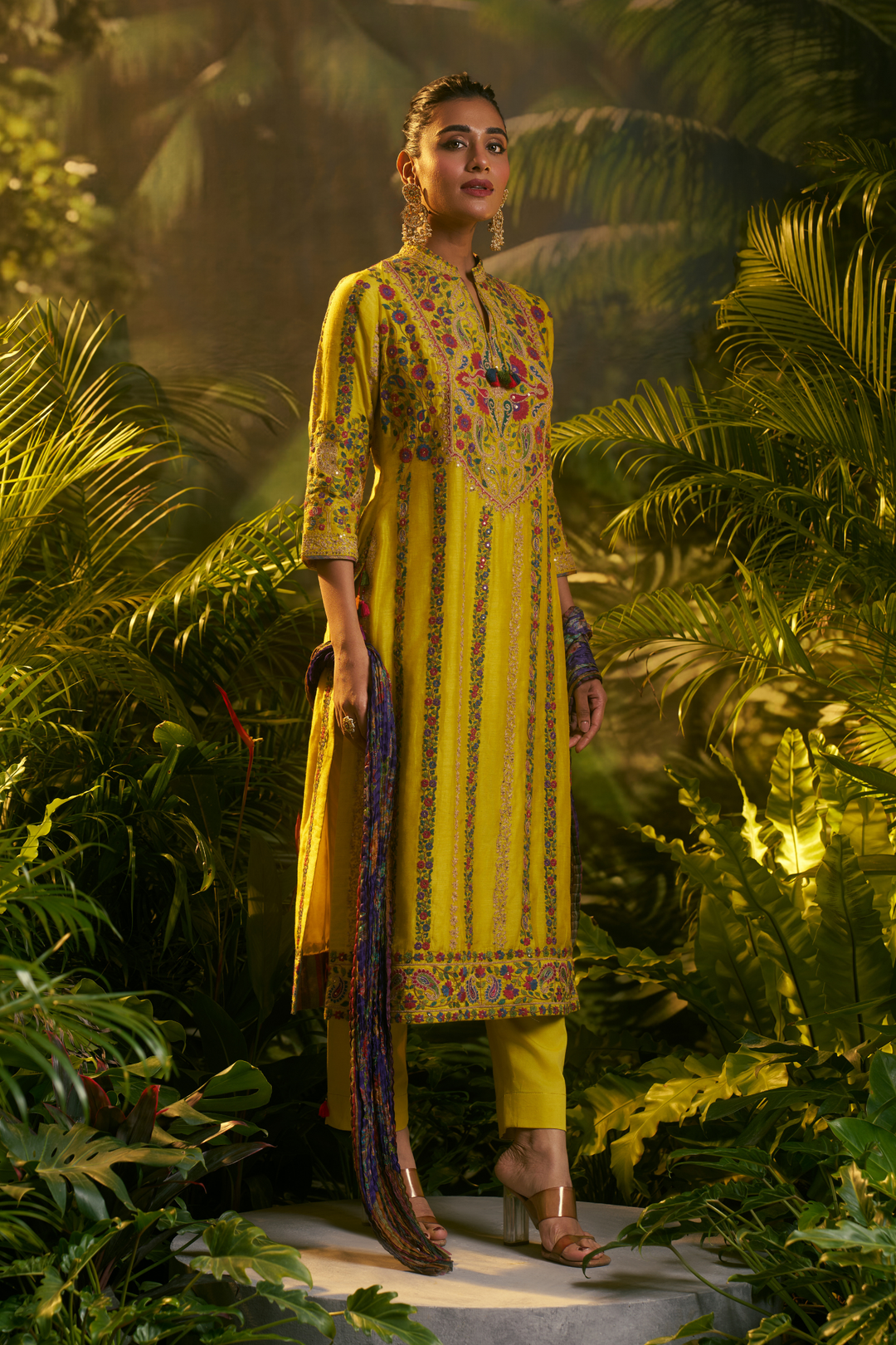 Printed Silk Suit with Aari, Sequins, Thread, Zari work.