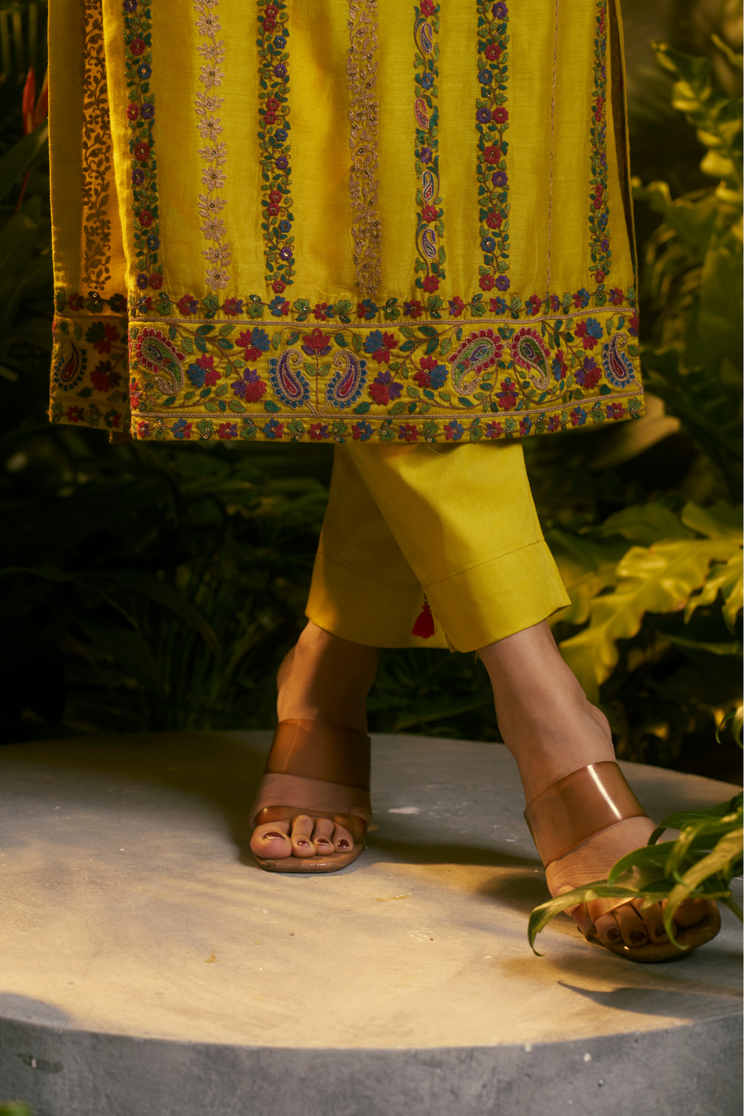 Printed Silk Suit with Aari, Sequins, Thread, Zari work.