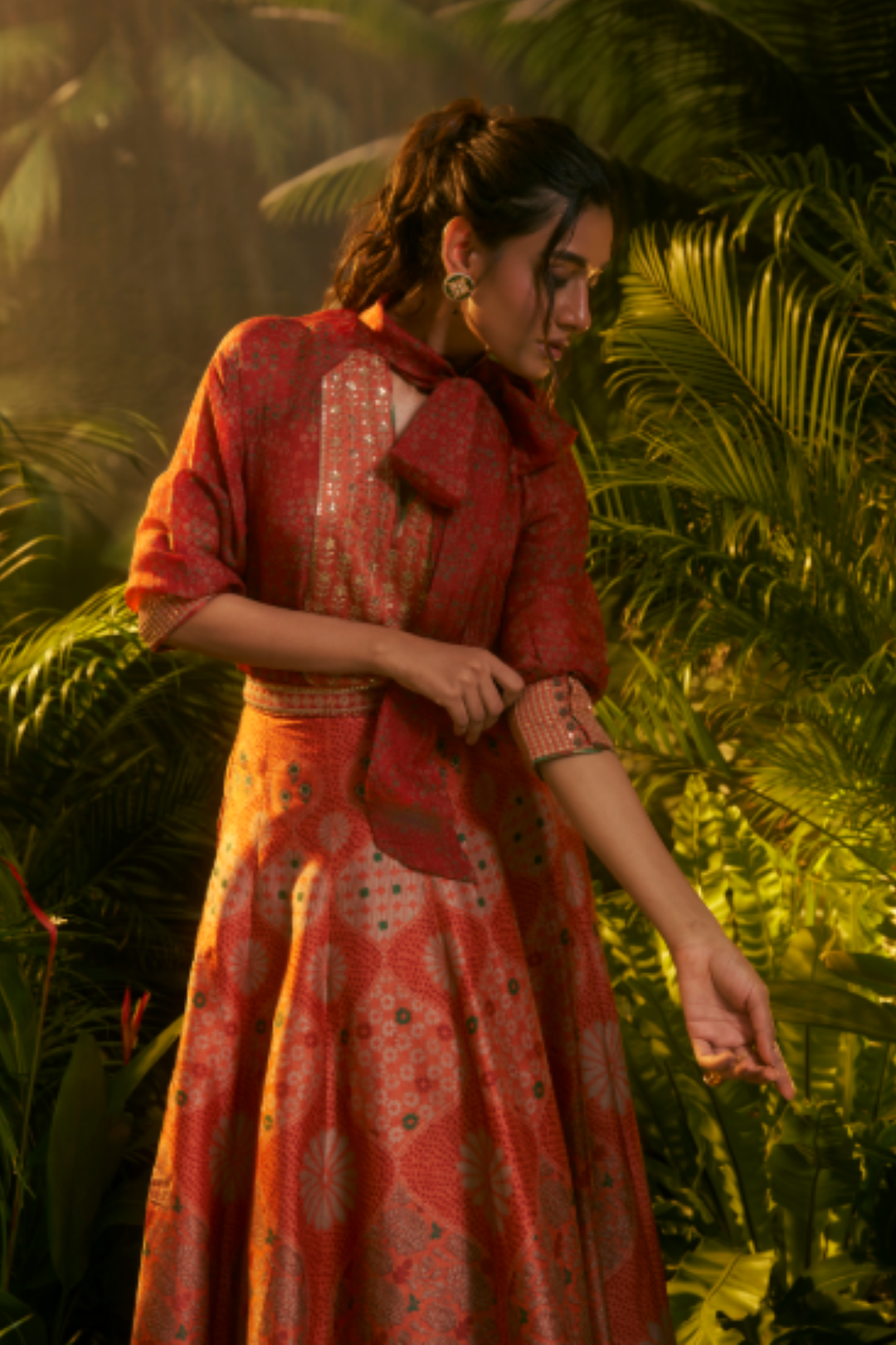 Printed Crepe silk Lehenga with Aari, Sequins, Thread, Zari work.