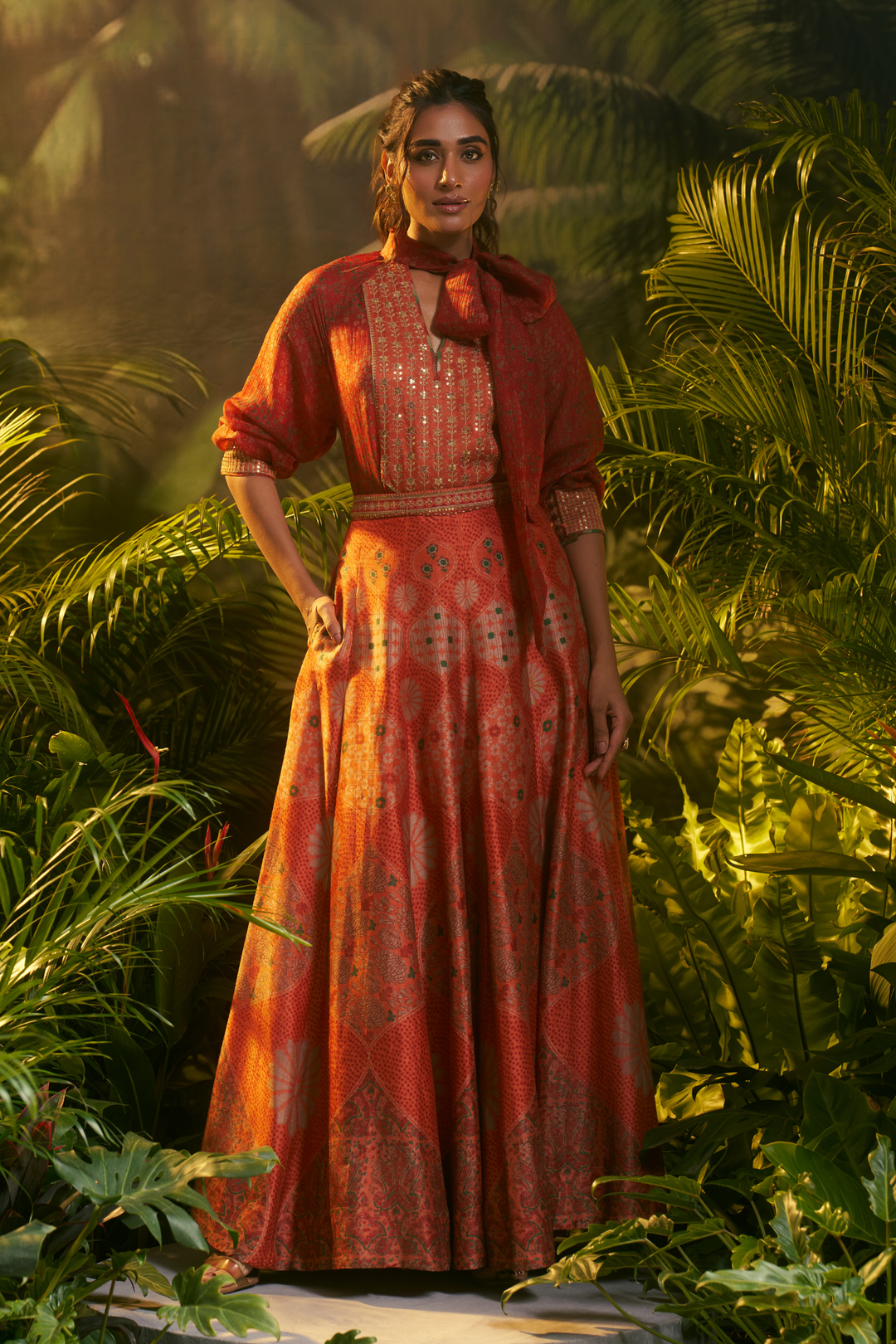 Printed Crepe silk Lehenga with Aari, Sequins, Thread, Zari work.