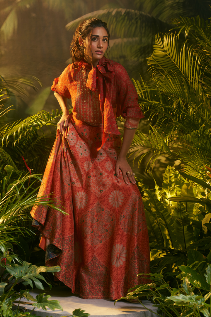 Printed Crepe silk Lehenga with Aari, Sequins, Thread, Zari work.