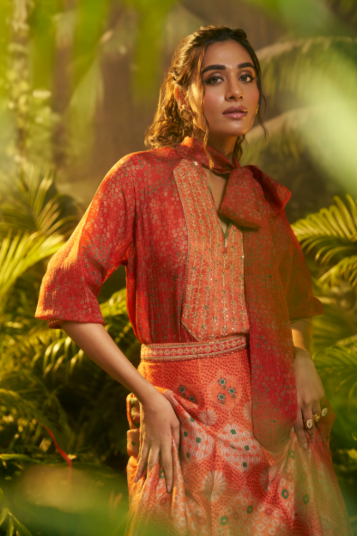 Printed Crepe silk Lehenga with Aari, Sequins, Thread, Zari work.