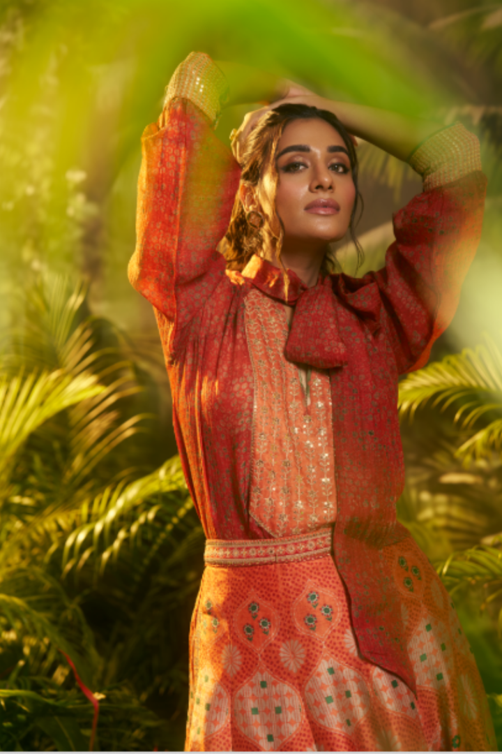 Printed Crepe silk Lehenga with Aari, Sequins, Thread, Zari work.