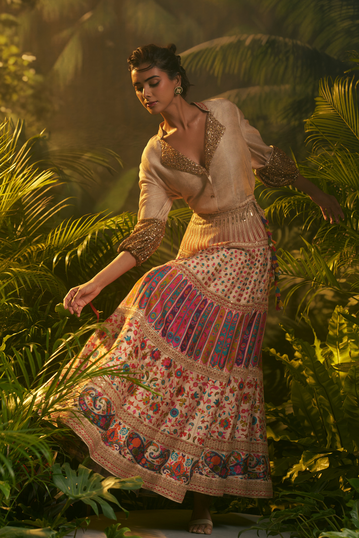Printed Crepe Lehenga with Aari, Sequins, Thread work.