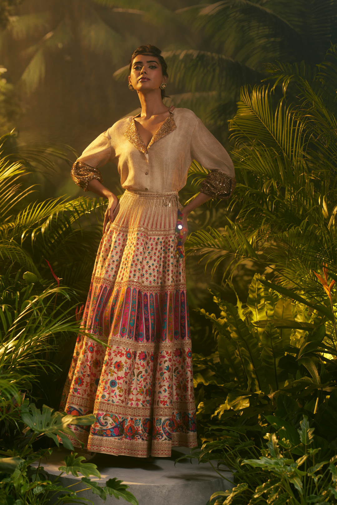 Printed Crepe Lehenga with Aari, Sequins, Thread work.