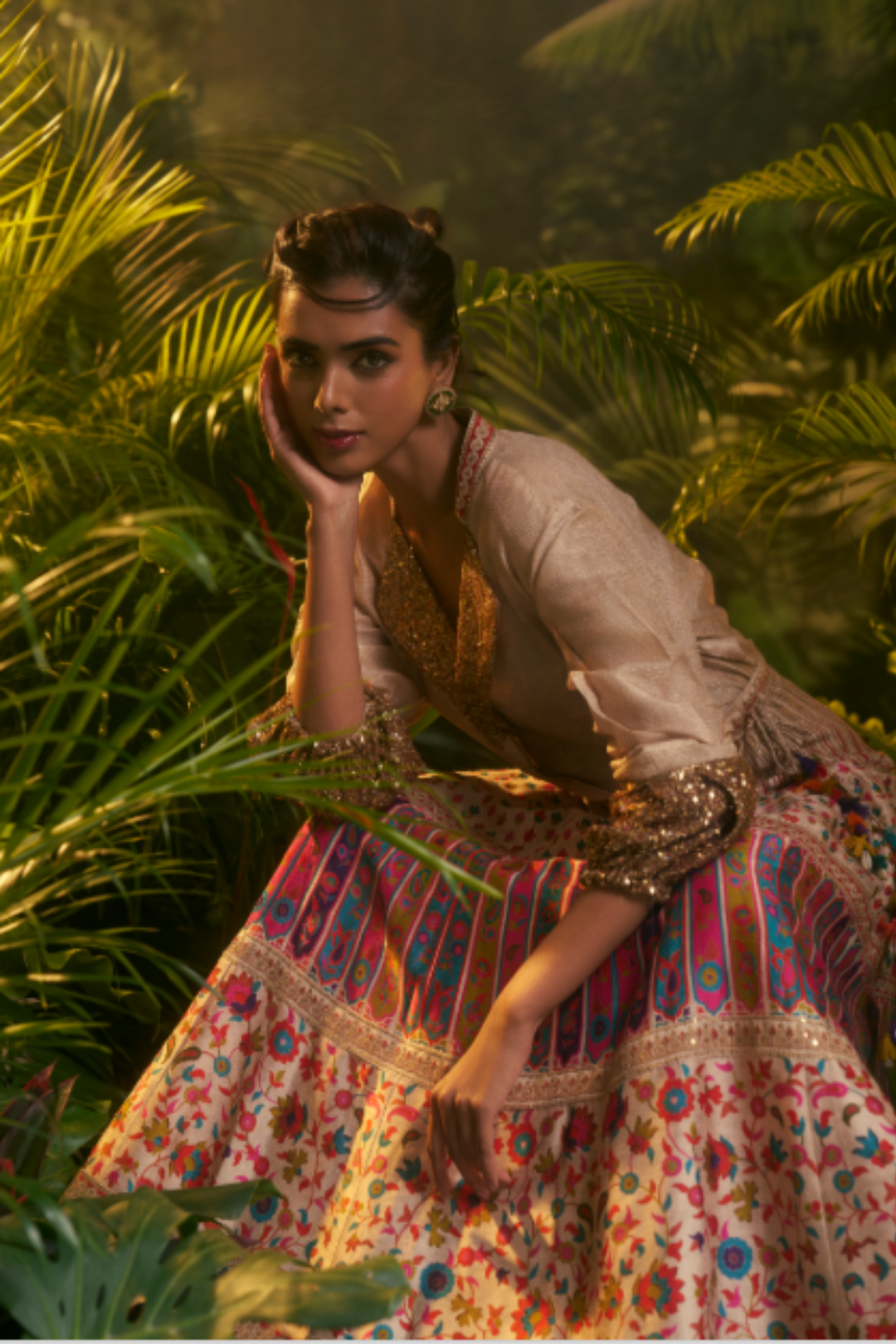 Printed Crepe Lehenga with Aari, Sequins, Thread work.