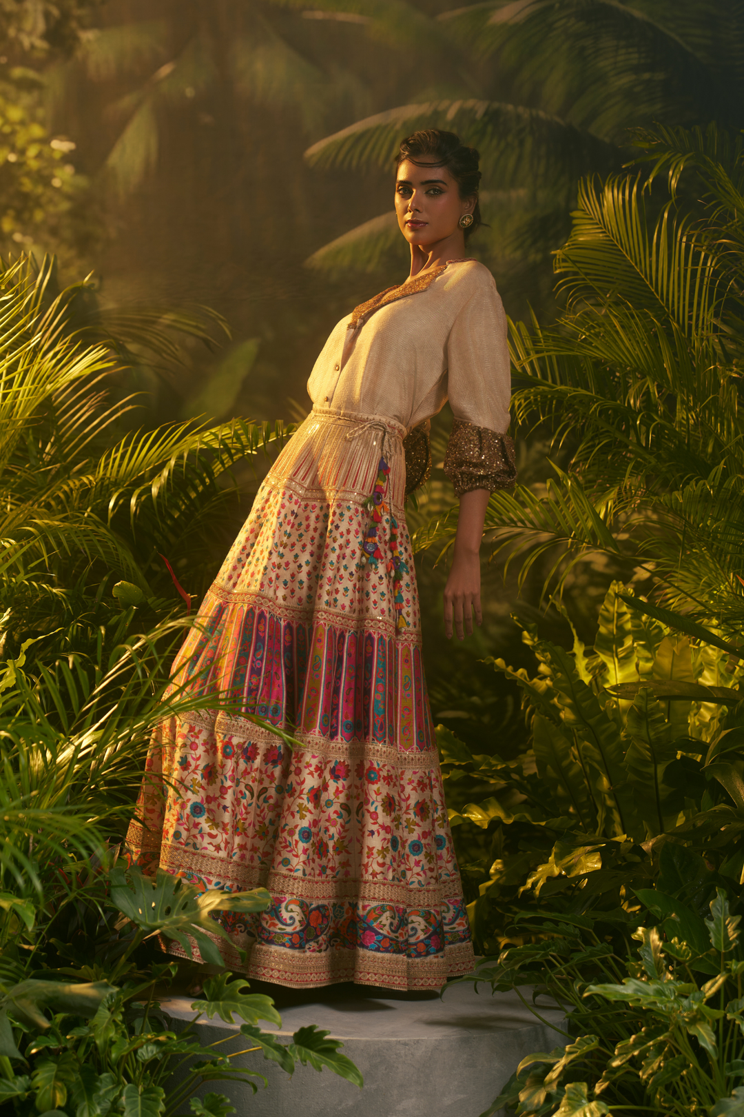 Printed Crepe Lehenga with Aari, Sequins, Thread work.