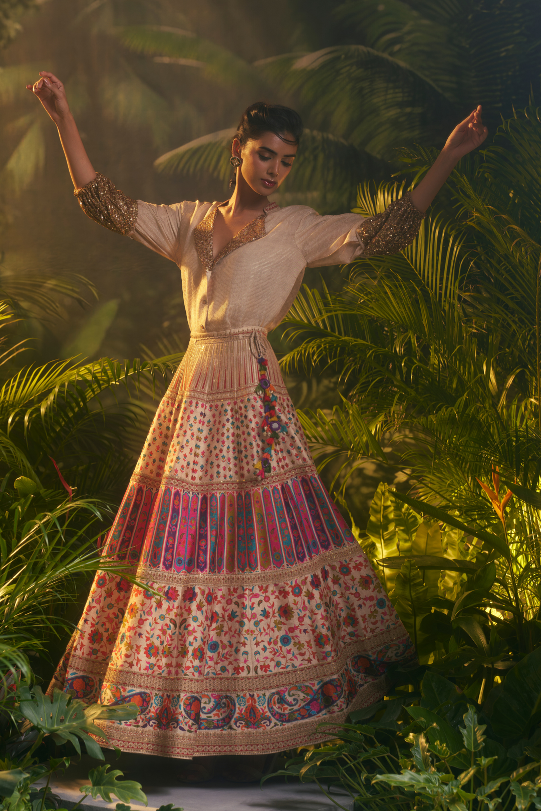 Printed Crepe Lehenga with Aari, Sequins, Thread work.