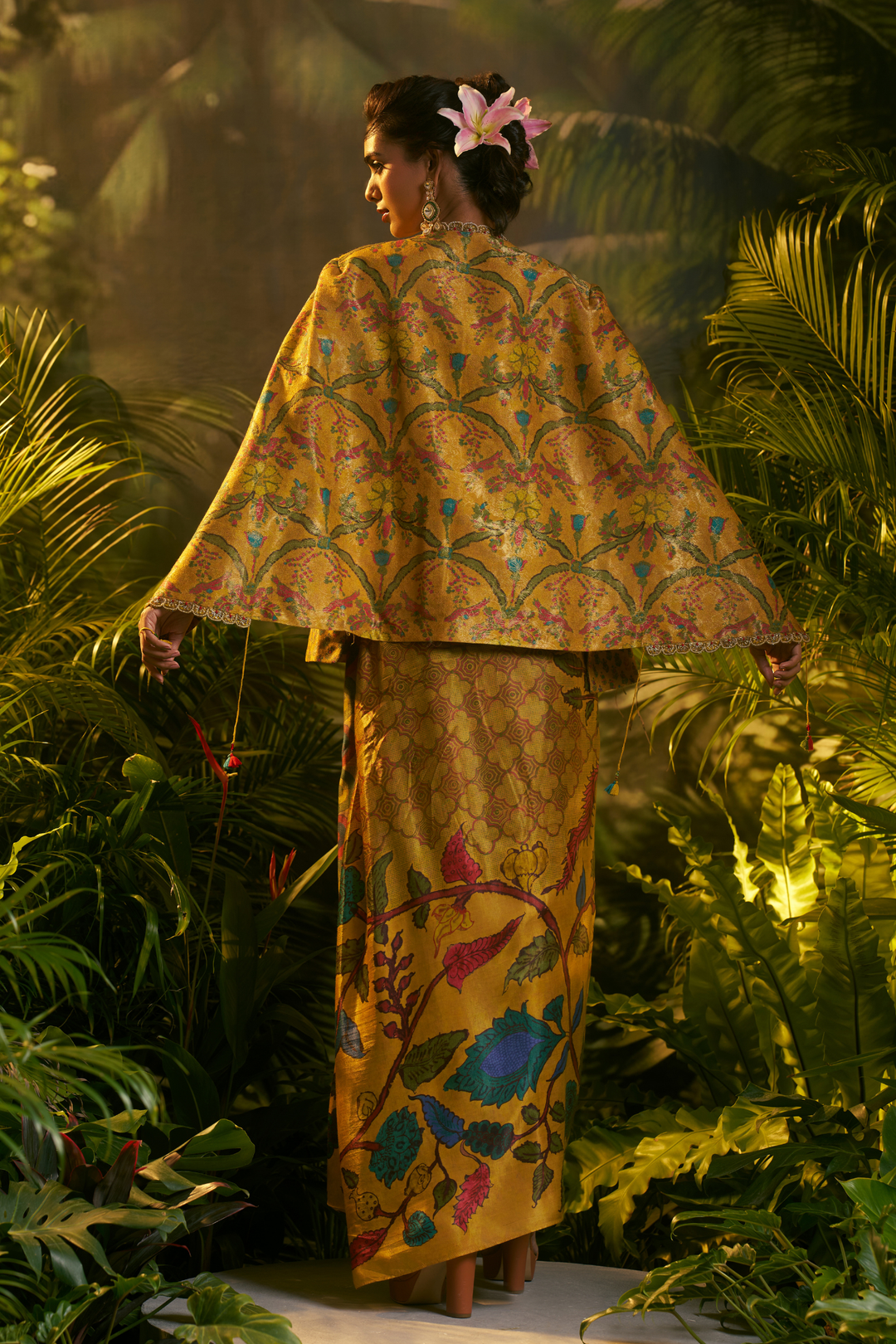 Digital Printed Crepe silk Indowestern with Aari, Sequins, Thread, Zari work.