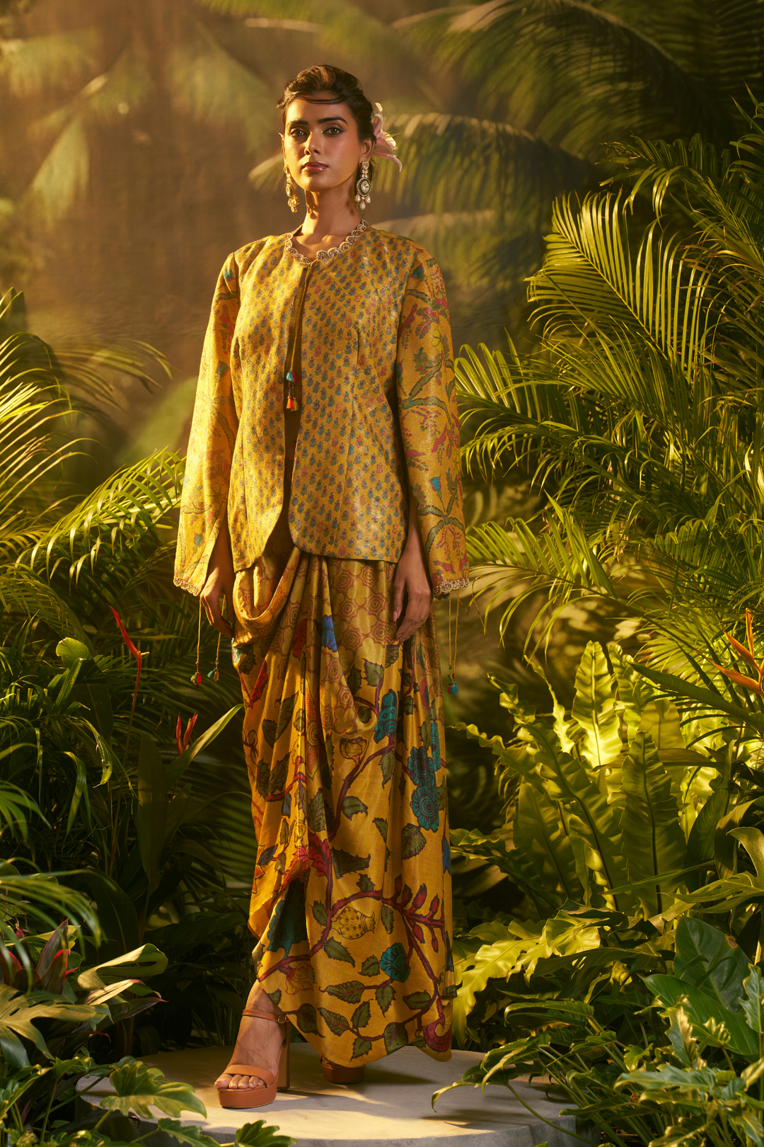 Digital Printed Crepe silk Indowestern with Aari, Sequins, Thread, Zari work.