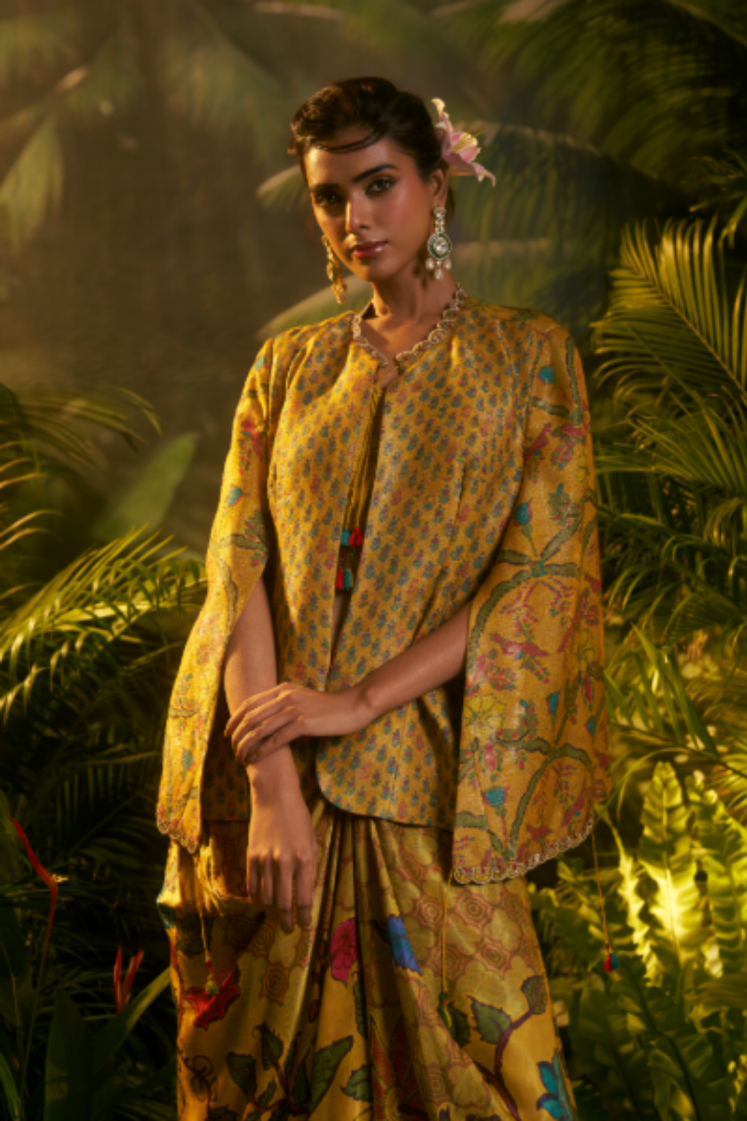 Digital Printed Crepe silk Indowestern with Aari, Sequins, Thread, Zari work.