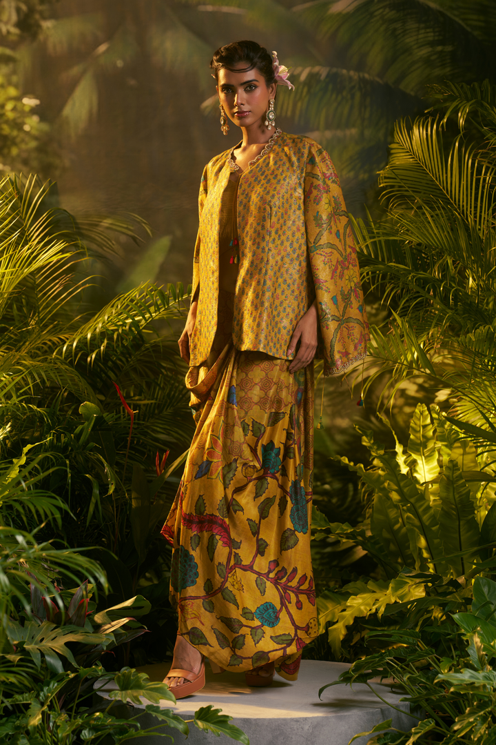 Digital Printed Crepe silk Indowestern with Aari, Sequins, Thread, Zari work.