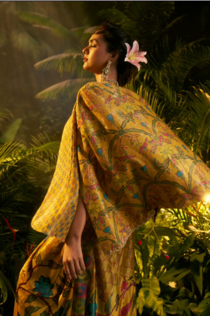 Digital Printed Crepe silk Indowestern with Aari, Sequins, Thread, Zari work.