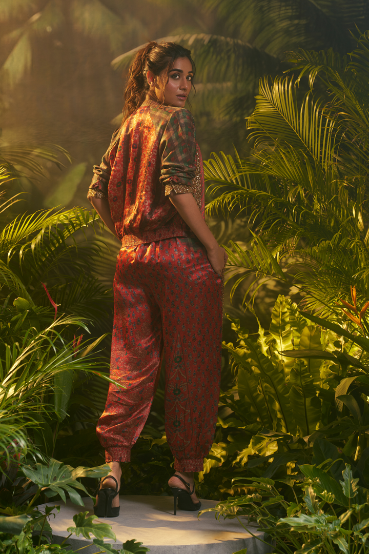 Printed Crepe silk Indowestern with Aari, Sequins, Thread, Zari work.