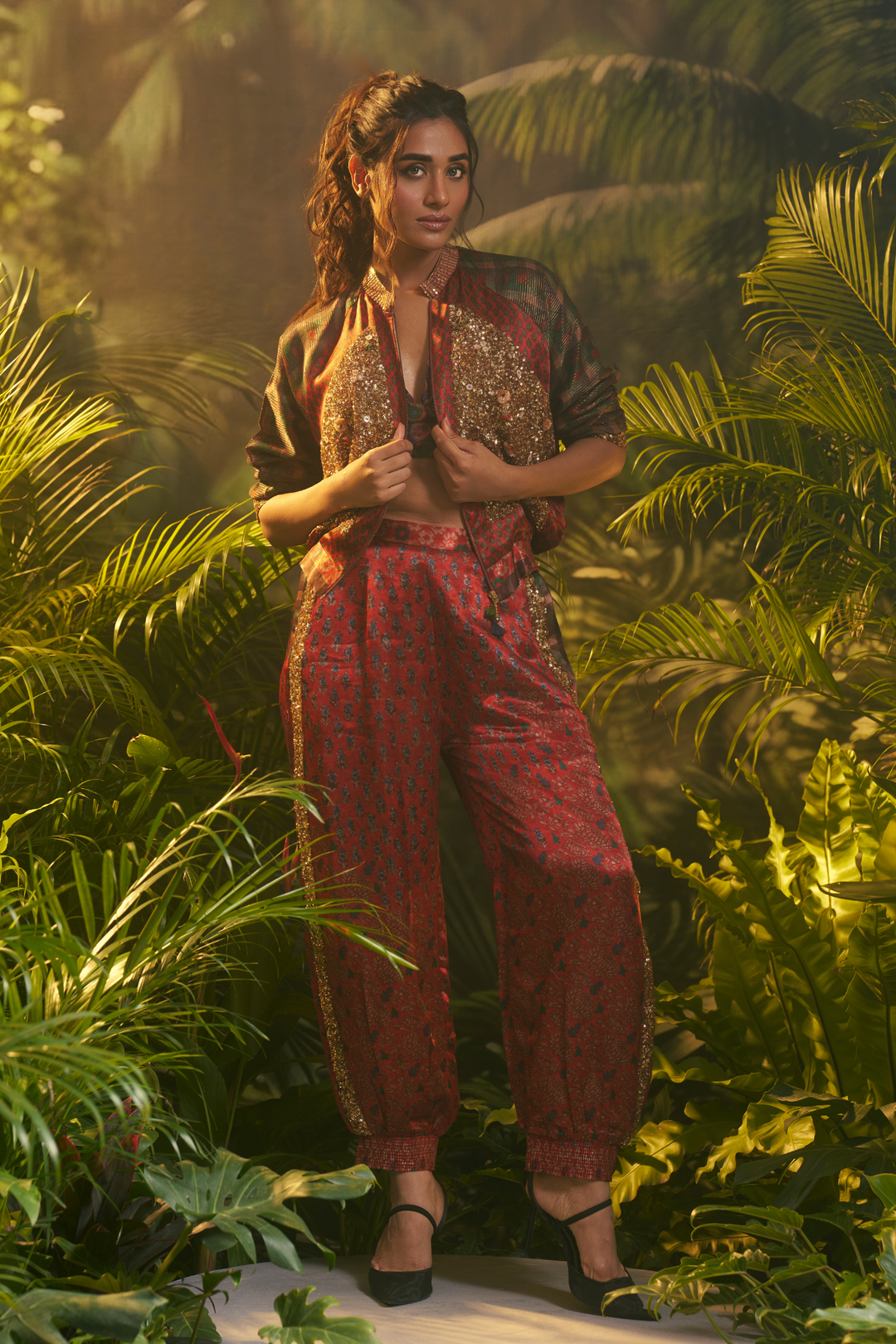 Printed Crepe silk Indowestern with Aari, Sequins, Thread, Zari work.