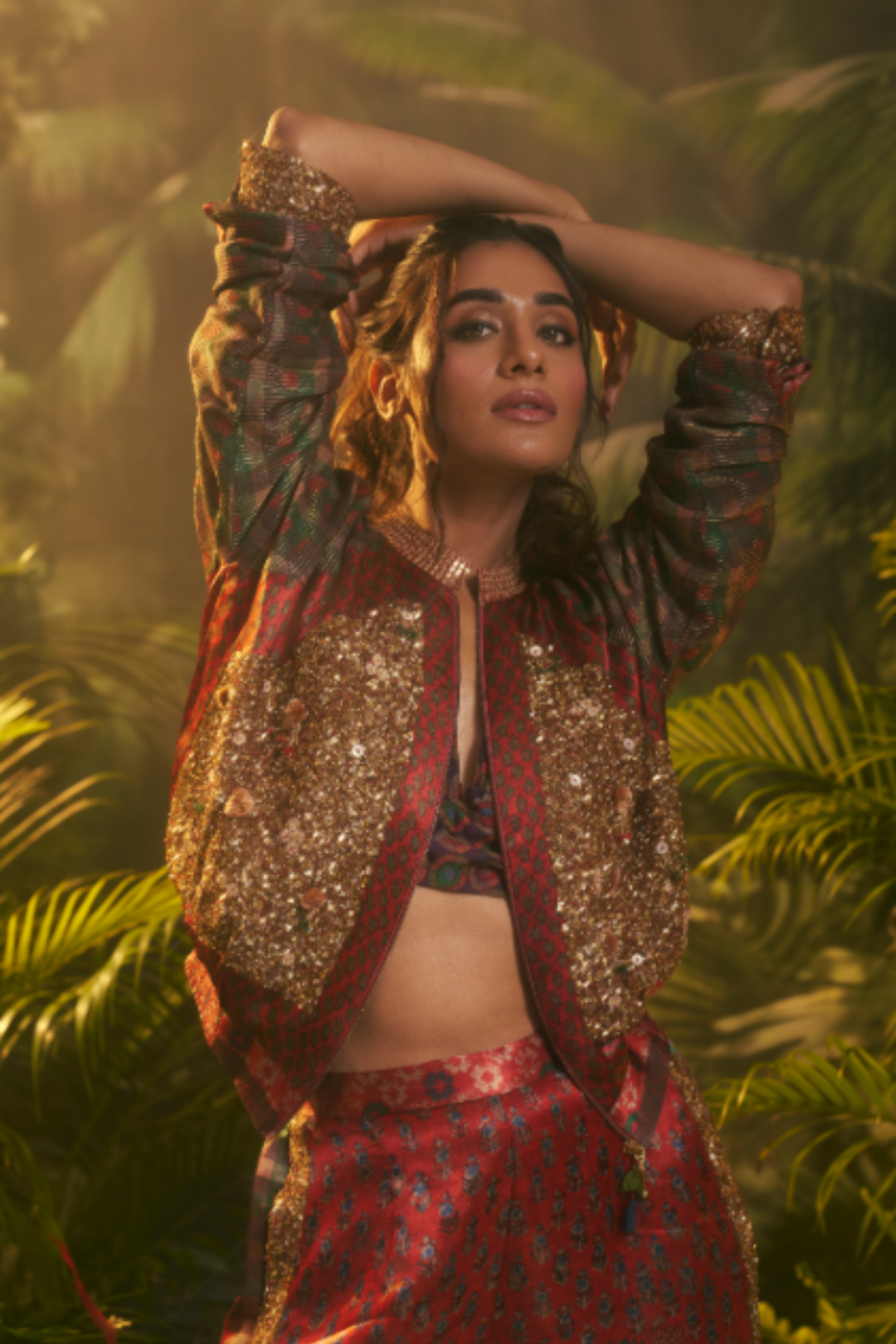 Printed Crepe silk Indowestern with Aari, Sequins, Thread, Zari work.